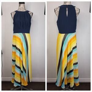Studio One New York Maxi Dress 6 Navy Yellow Colorblock Halter Pleated Whimsycal